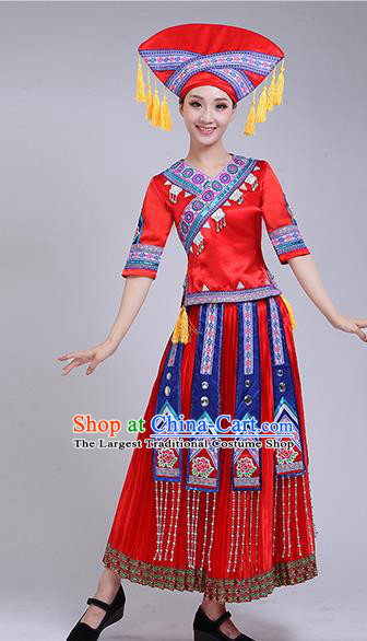 China Zhuang Nationality Clothing Guangxi Ethnic Dance Outfits Minority Performance Red Dress