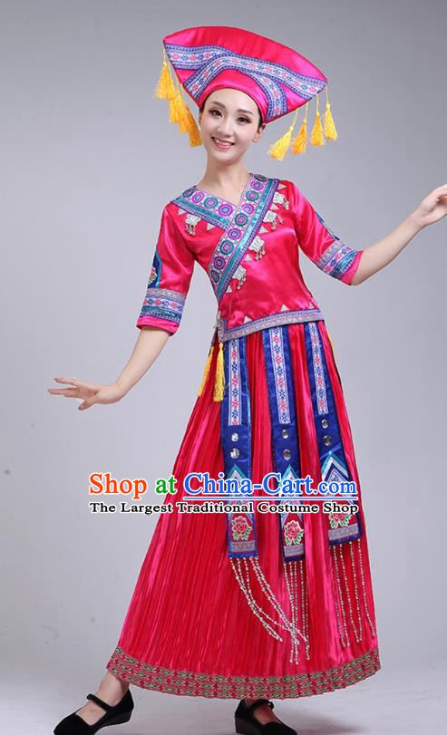 China Minority Performance Rosy Dress Zhuang Nationality Clothing Guangxi Ethnic Dance Outfits