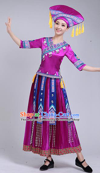 China Guangxi Ethnic Dance Outfits Minority Performance Purple Dress Zhuang Nationality Clothing