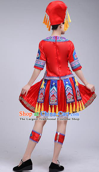 China Zhuang Nationality Woman Clothing Ethnic Folk Dance Outfits Guangxi Minority Performance Red Short Dress