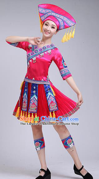 China Guangxi Minority Performance Rosy Short Dress Zhuang Nationality Woman Clothing Ethnic Folk Dance Outfits