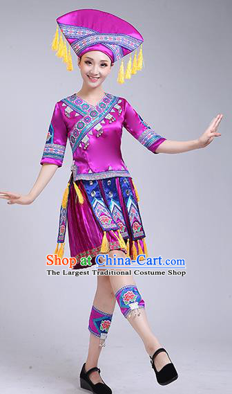 China Ethnic Folk Dance Outfits Guangxi Minority Performance Purple Short Dress Zhuang Nationality Woman Clothing