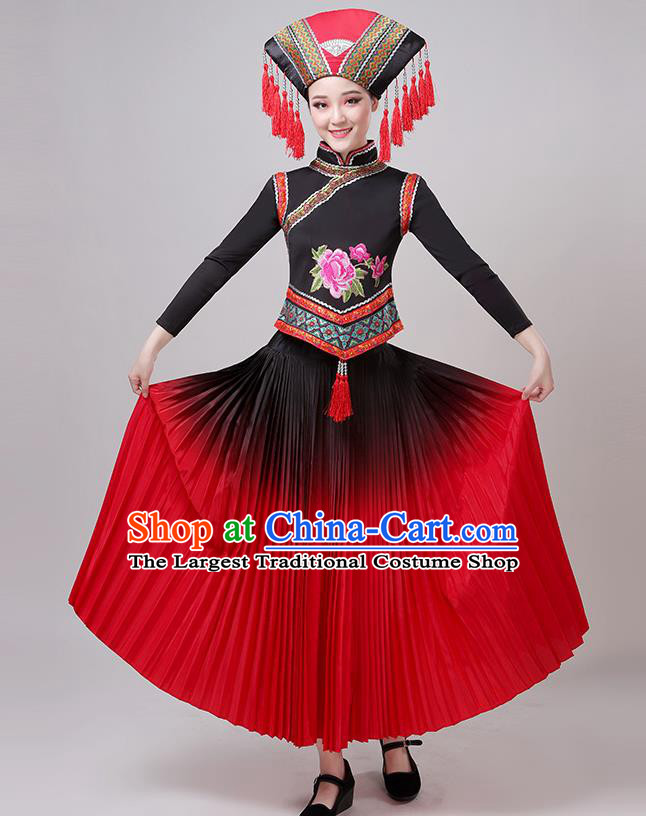 China Guangxi Ethnic Performance Outfits Minority Dress Zhuang Nationality Folk Dance Clothing