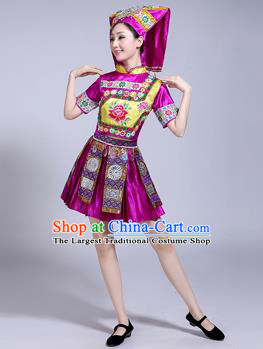 China Zhuang Ethnic Performance Outfits Tujia Minority Purple Dress Guangxi Nationality Folk Dance Clothing