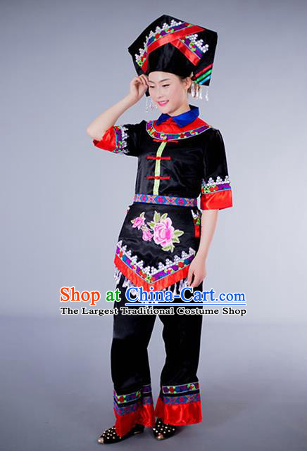 China Guangxi Nationality Folk Dance Clothing Zhuang Ethnic Performance Black Outfits Tujia Minority Dress