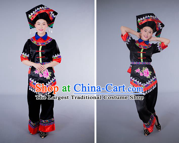 China Guangxi Nationality Folk Dance Clothing Zhuang Ethnic Performance Black Outfits Tujia Minority Dress