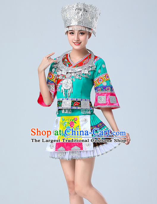 China Miao Nationality Folk Dance Clothing Hmong Ethnic Performance Outfits Yunnan Minority Green Short Dress