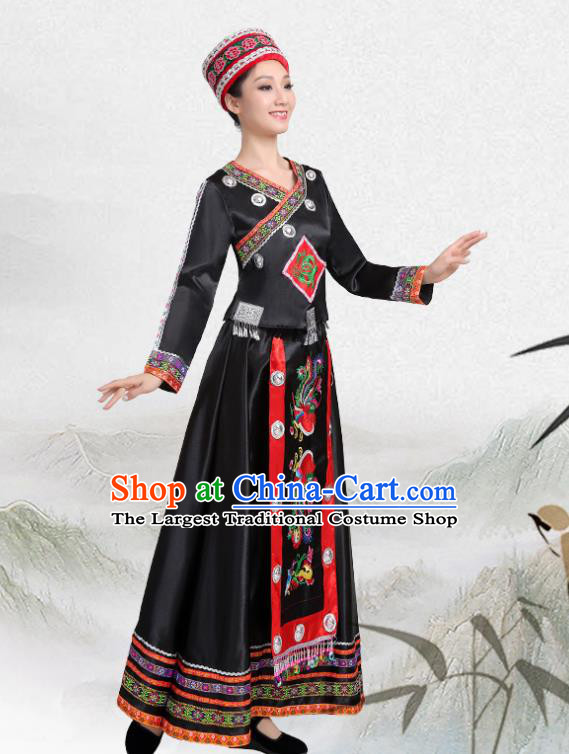 China Yao Minority Woman Black Dress Yi Nationality Folk Dance Clothing Yunnan Ethnic Performance Outfits