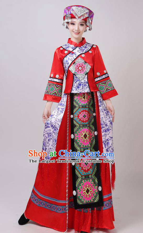 China Yunnan Ethnic Performance Outfits Yao Minority Woman Red Dress Tujia Nationality Folk Dance Clothing