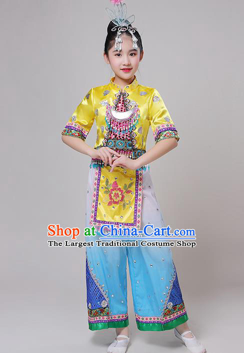 Chinese Minnan Ethnic Stage Performance Outfits Dong Nationality Festival Dance Costumes and Headwear for Kids