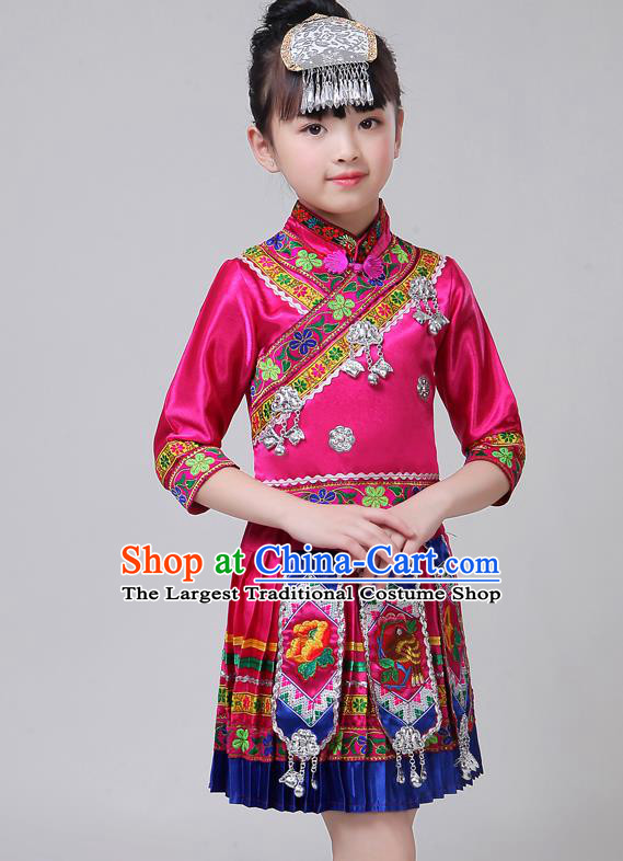 Chinese Guangxi Zhuang Nationality Girl Costumes Yi Ethnic Folk Dance Rosy Short Dress Outfits