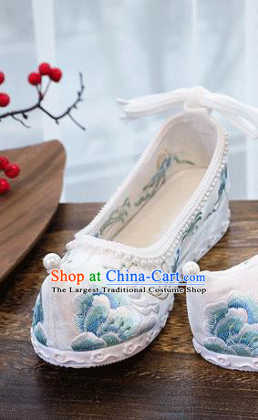 China Traditional Hanfu Woman White Cloth National Embroidered Peony Shoes Handmade Folk Dance Pearls Shoes