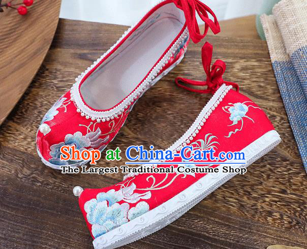 China Traditional Wedding Shoes National Embroidered Peony Shoes Handmade Bride Red Cloth Shoes