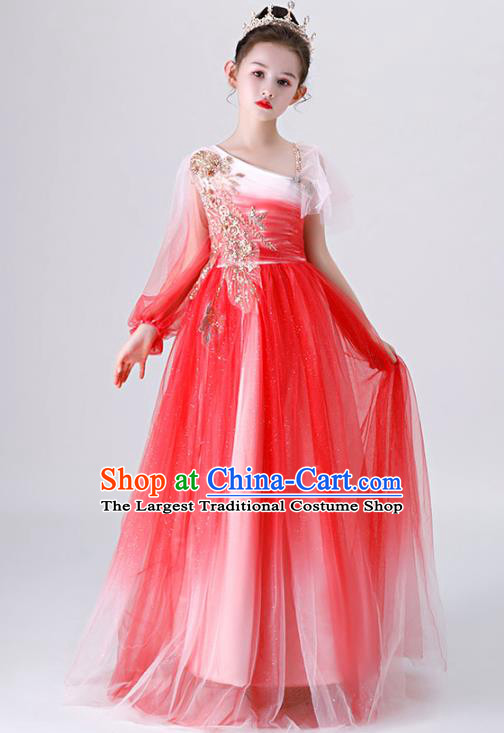 Top Grade Catwalks Red Veil Full Dress Children Day Stage Show Costume Girl Princess Fashion