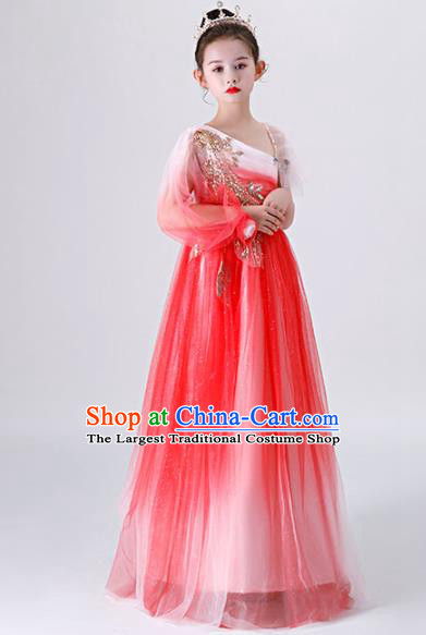 Top Grade Catwalks Red Veil Full Dress Children Day Stage Show Costume Girl Princess Fashion
