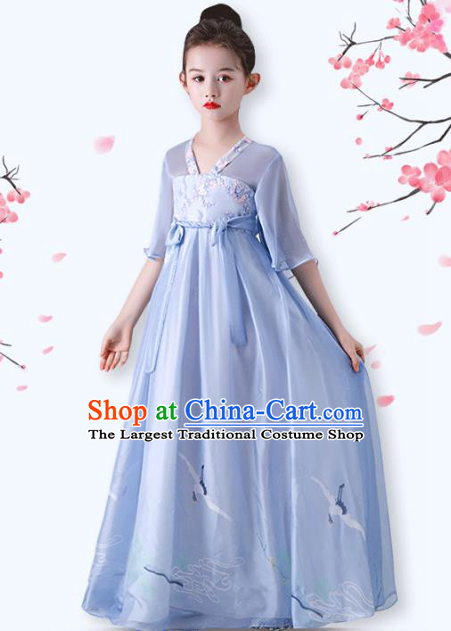 Top Grade Classical Dance Garment Catwalks Blue Full Dress Children Day Stage Show Costume