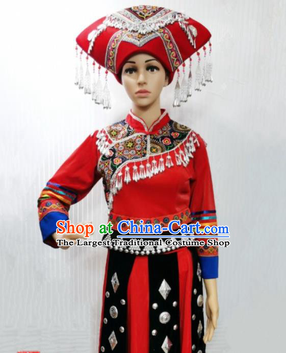 China Zhuang Nationality Wedding Costumes Ethnic Folk Dance Clothing Stage Performance Red Dress and Hat