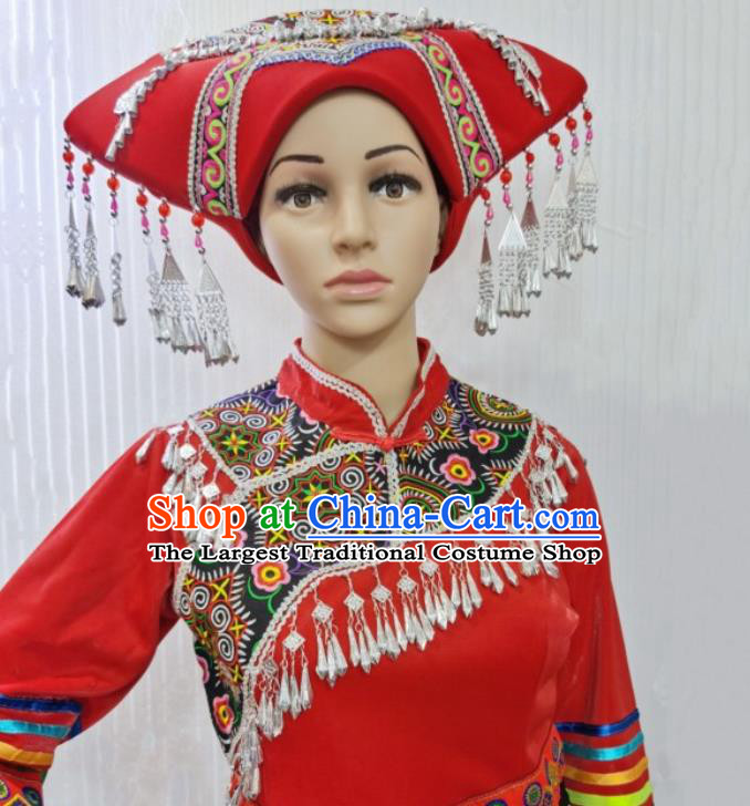 China Zhuang Nationality Wedding Costumes Ethnic Folk Dance Clothing Stage Performance Red Dress and Hat