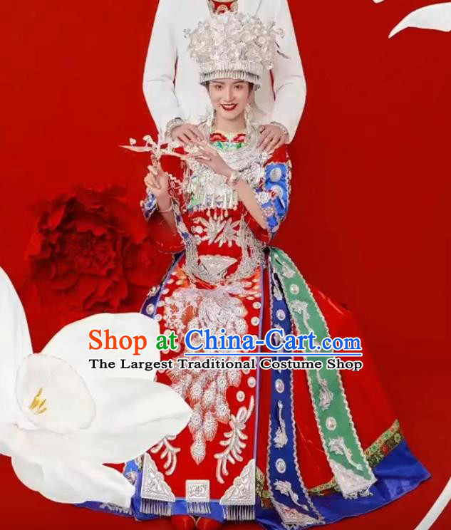 China Miao Nationality Wedding Costumes Hmong Ethnic Stage Performance Clothing Bride Red Dress and Headwear