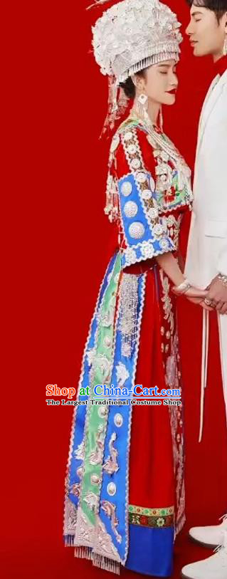 China Miao Nationality Wedding Costumes Hmong Ethnic Stage Performance Clothing Bride Red Dress and Headwear