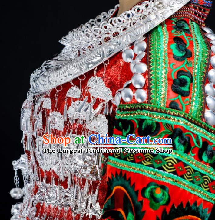 China Hmong Ethnic Bride Red Dress Stage Performance Clothing Miao Nationality Wedding Costumes and Hair Jewelry