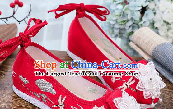 China Embroidered Lotus Shoes Handmade Folk Dance Shoes Traditional Wedding Lace Flower Shoes