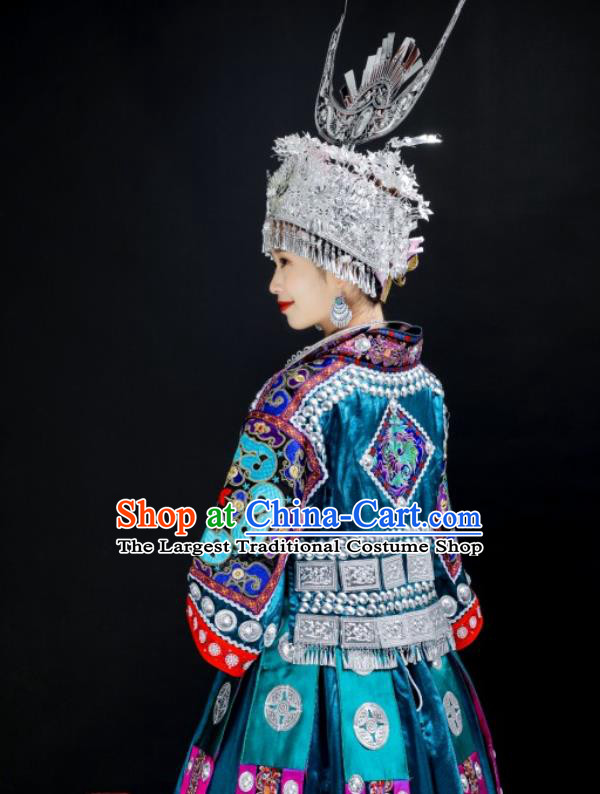 China Miao Nationality Folk Dance Costumes Guizhou Ethnic Blue Dress Stage Performance Clothing and Headdress