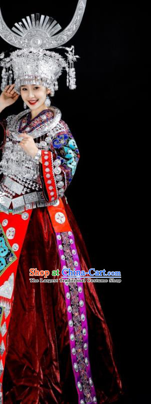China Miao Nationality Stage Performance Clothing Folk Dance Costumes Xiangxi Ethnic Red Dress and Headdress
