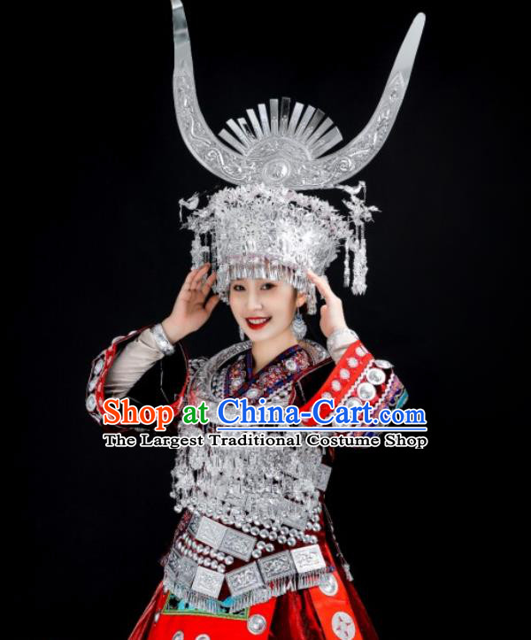 China Miao Nationality Stage Performance Clothing Folk Dance Costumes Xiangxi Ethnic Red Dress and Headdress