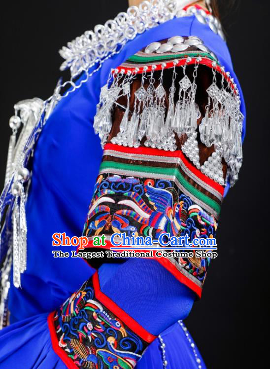 China Xiangxi Ethnic Royalblue Dress Miao Nationality Stage Performance Clothing Hmong Folk Dance Costumes and Headwear