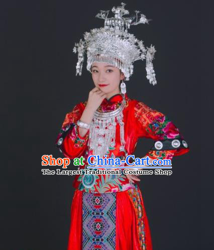 China Xiangxi Minority Folk Dance Costumes Tujia Ethnic Wedding Dress Miao Nationality Bride Clothing and Headwear
