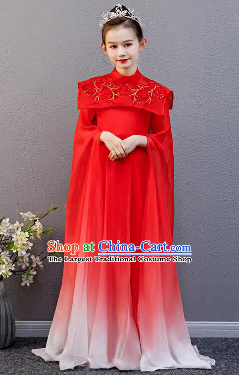 Top Grade Children Day Stage Show Costume Girl Chorus Group Fashion Catwalks Red Full Dress