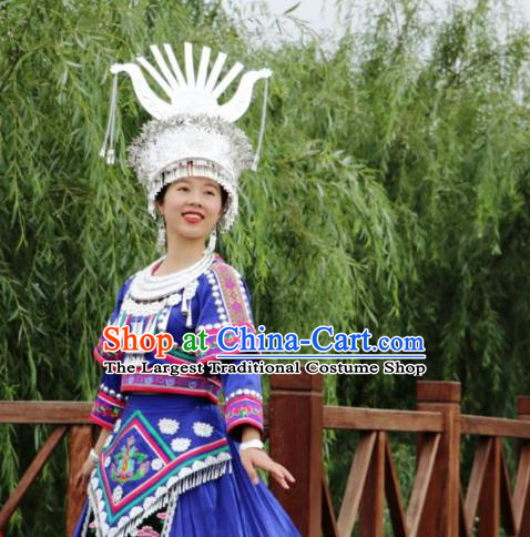 China Hmong Ethnic Stage Performance Blue Dress Miao Nationality Clothing Xiangxi Minority Dance Outfits and Headdress