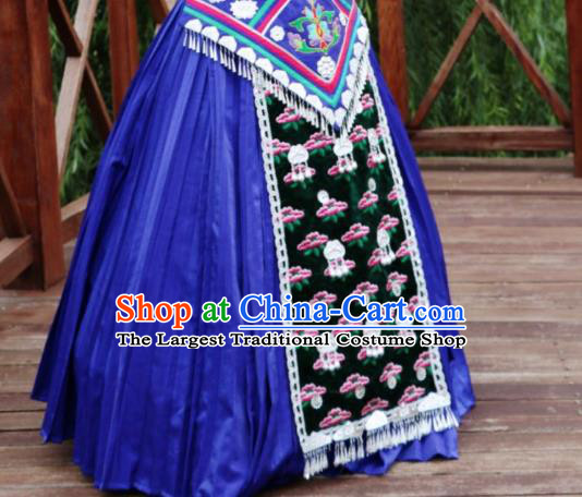 China Hmong Ethnic Stage Performance Blue Dress Miao Nationality Clothing Xiangxi Minority Dance Outfits and Headdress