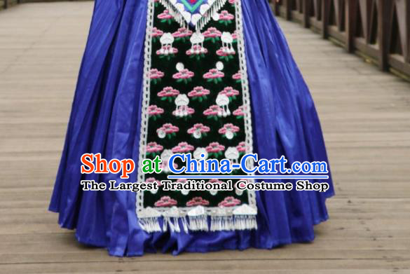 China Hmong Ethnic Stage Performance Blue Dress Miao Nationality Clothing Xiangxi Minority Dance Outfits and Headdress