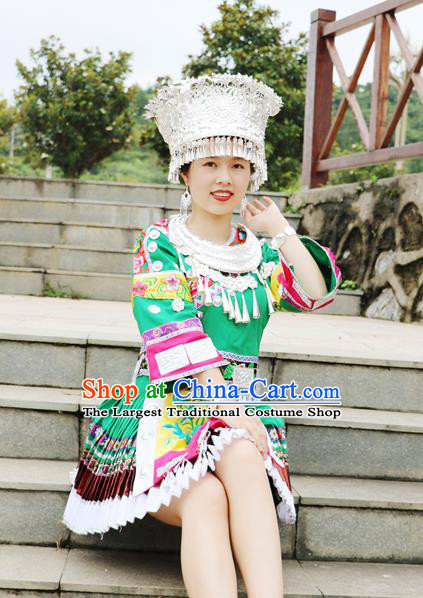China Guizhou Minority Folk Dance Green Outfits Ethnic Stage Performance Dress Miao Nationality Clothing and Hat