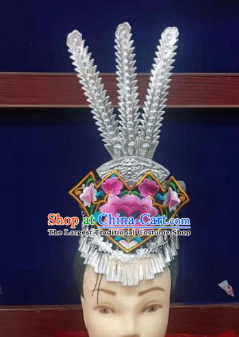 Chinese Hmong Ethnic Folk Dance Hair Accessories Traditional Miao Nationality Performance Silver Hair Crown