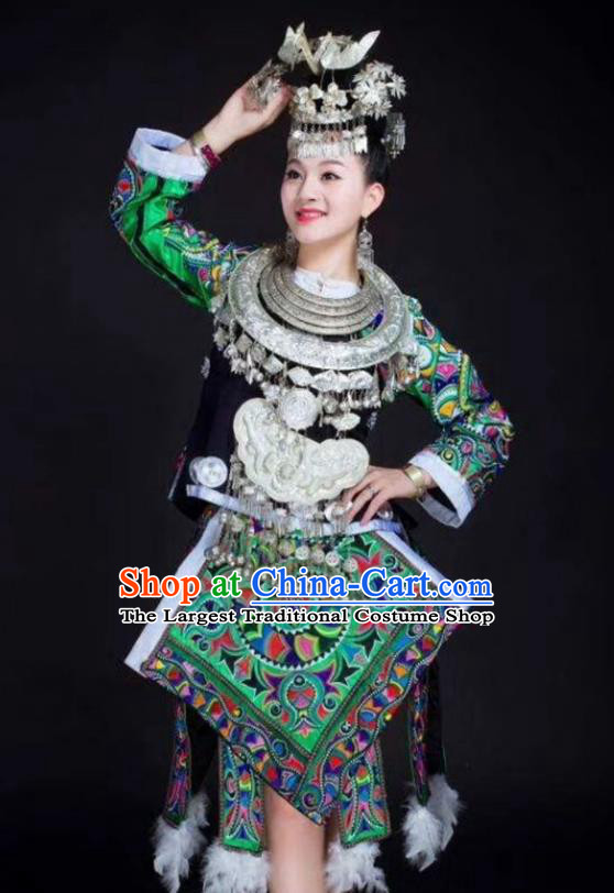 China Tujia Nationality Clothing Xiangxi Minority Folk Dance Black Outfits Ethnic Female Performance Dress and Silver Jewelry