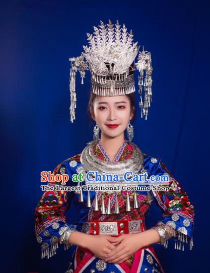China Ethnic Folk Dance Dress Miao Nationality Wedding Clothing Xiangxi Hmong Minority Blue Outfits and Hair Accessories