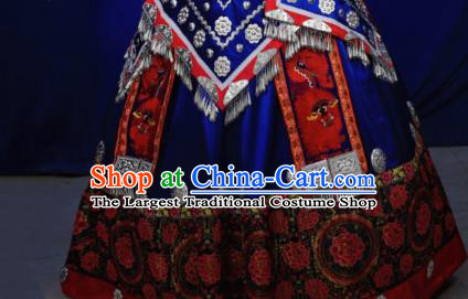 China Ethnic Folk Dance Dress Miao Nationality Wedding Clothing Xiangxi Hmong Minority Blue Outfits and Hair Accessories