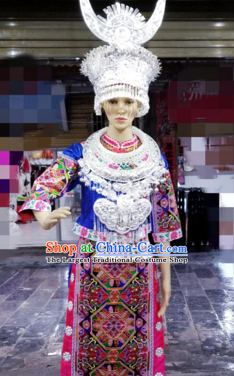 China Miao Nationality Wedding Clothing Xiangxi Hmong Minority Holiday Blue Outfits Ethnic Performance Dress and Headdress