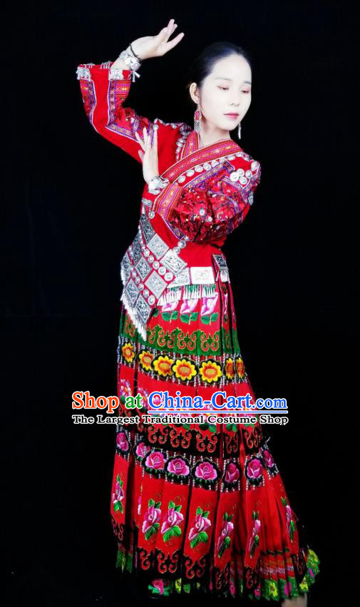China Hmong Ethnic Bride Dress Miao Nationality Wedding Clothing Guizhou Minority Festival Red Outfits and Headpieces