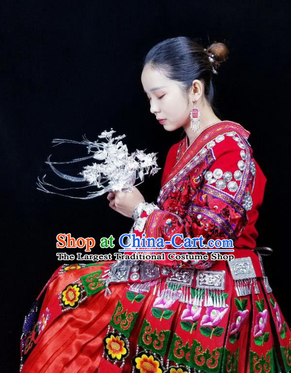 China Hmong Ethnic Bride Dress Miao Nationality Wedding Clothing Guizhou Minority Festival Red Outfits and Headpieces