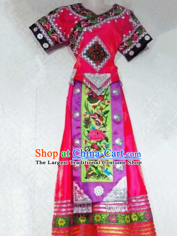 China Guizhou Minority Folk Dance Rosy Outfits Tujia Ethnic Performance Dress Miao Nationality Female Clothing