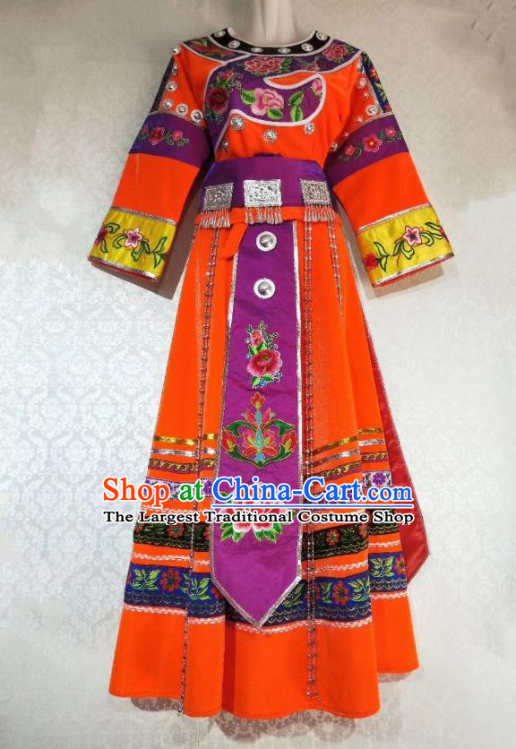 China Tujia Ethnic Folk Dance Orange Dress Miao Nationality Woman Clothing Guizhou Minority Stage Performance Outfits