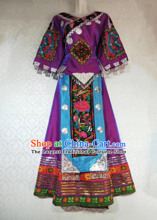 China Guizhou Minority Stage Performance Outfits Tujia Ethnic Folk Dance Purple Dress Miao Nationality Woman Clothing