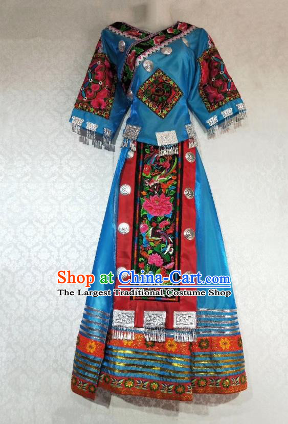 China Miao Nationality Clothing Guizhou Tujia Minority Stage Performance Outfits Ethnic Folk Dance Blue Dress