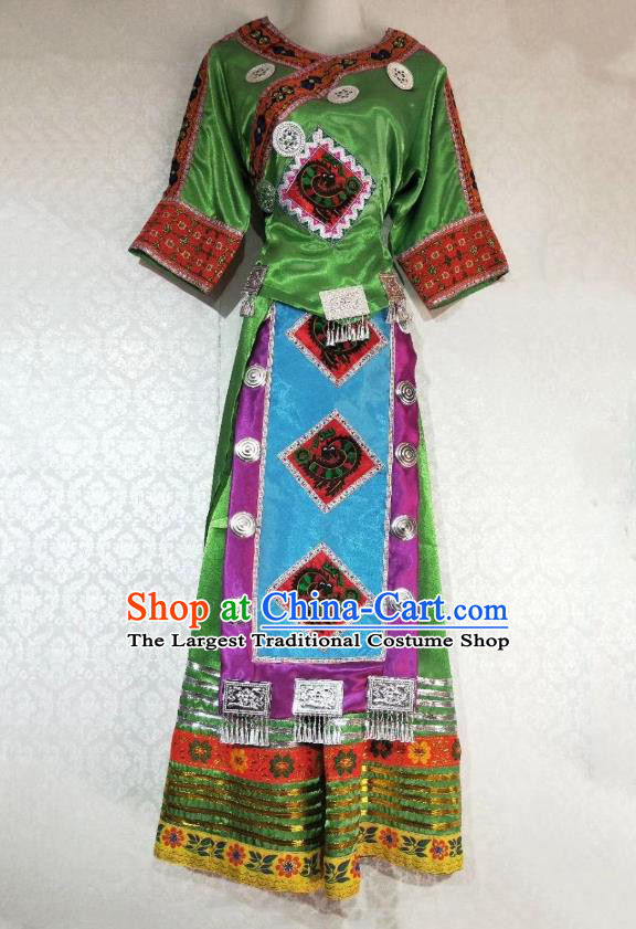 China Ethnic Folk Dance Green Dress Miao Nationality Clothing Guizhou Tujia Minority Woman Outfits