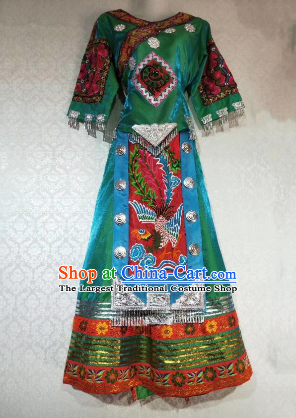 China Guizhou Tujia Minority Woman Green Outfits Ethnic Folk Dance Dress Miao Nationality Performance Clothing