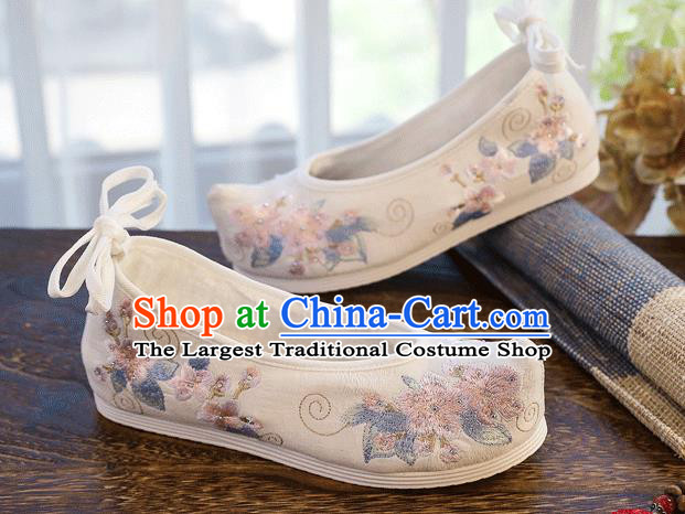 China Embroidered Peach Blossom Shoes Handmade Diamante Hanfu Shoes Traditional Folk Dance White Cloth Shoes